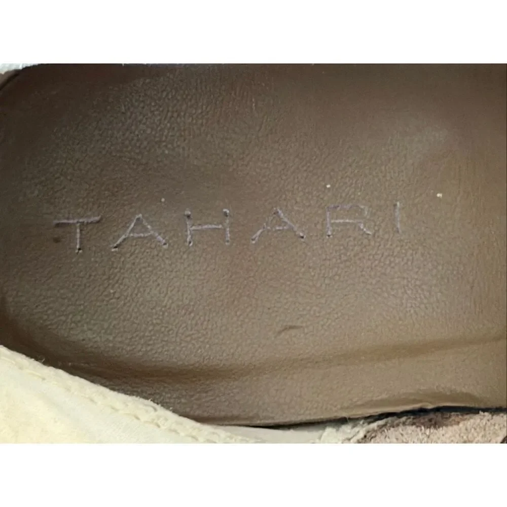 Tahari Camila Taupe Suede Fringe Ankle Booties Women’s 6.5M Stacked Heel